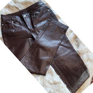 NWOT NEWPORT NEWS Chocolate Brown Leather Straight Leg Pants Petite 2